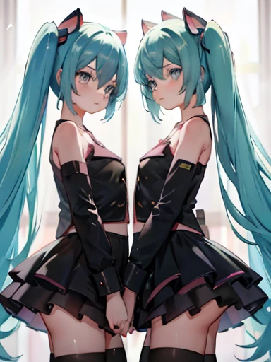 Hatsune Miku, Hatsune Miku outfit, twins, (Two Girls), cute, blush, Cat ear, High resolution, Super sharp, 8k, masterpiece