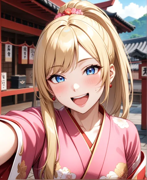 ((One woman)), Beautiful Face,Laughing embarrassedly,((Wink:1.6)),Laugh with a big mouth,(Take a selfie),Become bright red,Sweat on the face,Glossy pink lips,Daytime,Shrine festival stalls, ((Anime style background)),masterpiece, highest quality, so beauti...