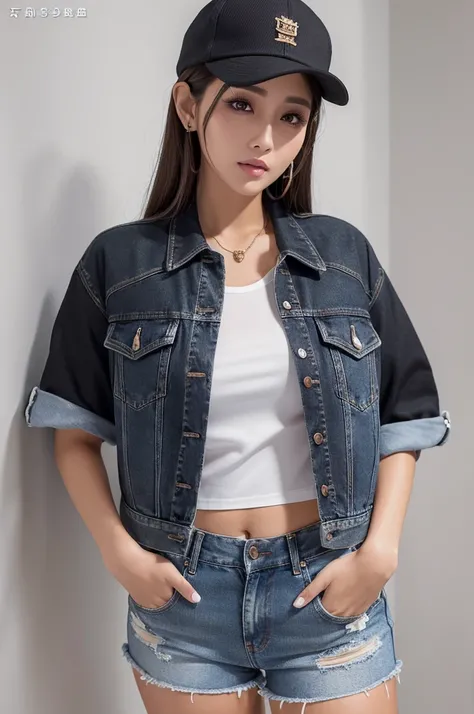 masterpiece,ultra detailed,black cap,patterned white shirt,denim short pants,(tanned skin),plump mature face,brown hair,(tareme:1.1),make-up,shirt jacket,28 years old,seductive female,