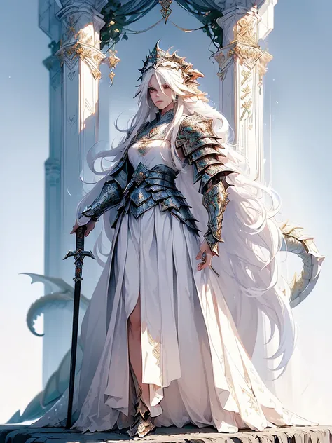 (((masterpiece, best quality, 8k)))Design a layout showcase Fantasy character, (1girl), ((mounted on a dragon)). Beautiful armor, wielding a spear, long white hair, wearing a tiara. ((detailed dragon:1.4)), white dragon, full of intricate details. (masterp...