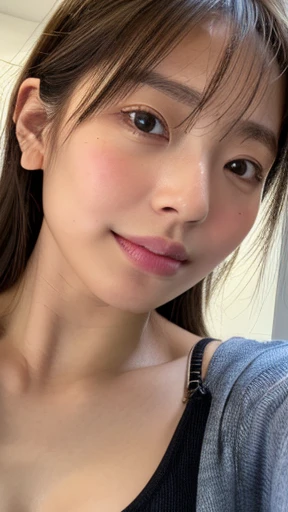 nswf, (selfie shot:2), ((flat chest:1.3)), bust size C cup, (extreme Close Up:1.5),(from above:1.3),(wearing Bra Top:1.3),Bra top:Black, Top quality, 1 beautiful Japanese woman, teen,(18 years old),long Hair, (brown hair:1.2), Ultra-realistic capture, High...