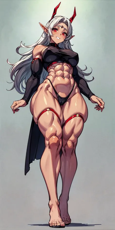 (Masterpiece, plain background:1.2) 1sologirl female full body, standing straight symmetrical feet together looking to camera view from below, strong abs, red cheeks smiling, dark elf, dark skin, long mess white hair, red eyes, circlet, 1990s style retro g...