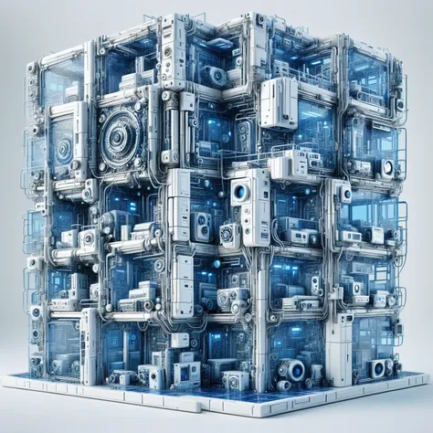 (quilted paper art), digital art，cyberpunk，(white ceramic housing)，blue transparent glass，3d rendering，ray tracing，reasonable st...