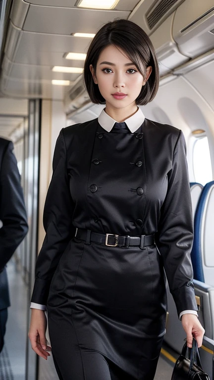 1beautiful womanl, 28years、hyperdetailed face、Detailed lips、A detailed eye、double eyelid、(Black bob shortcut hair , while walking gracefully down the aisle)、(Stewardess uniform:1.2)、(Glamorous body)、(Colossal tits)、thighs thighs thighs thighs, Perfect fit,...