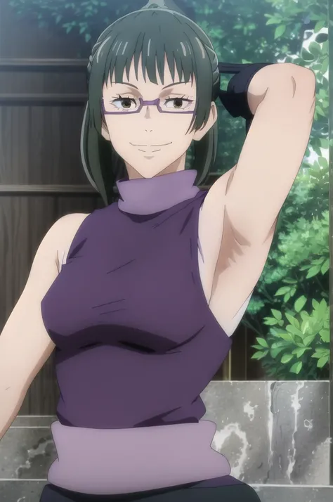 (masterpiece), (best quality), (ultra-detailed), (best illustration), (best shadow), (absurdres), ponytail hair, green hair, ((brown eyes)), maki zenin, 1girl, solo, bangs, wearing purple crotop, turtleneck, sleeveless, smile, looking at viewer, upper body...