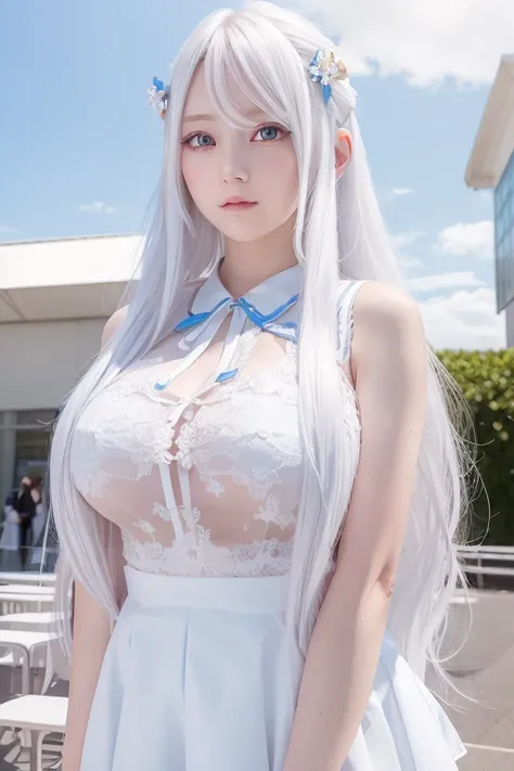 long white hair that hangs softly on her chest, colorful eyes, big breasts, and a white short skirt. her eyes are flowing and co...