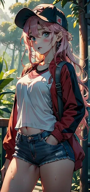 1 female，number 11，little girl，small ，Super cute，Small Breasts，exposure， solo，（background：in the forest，Rainforest，In the summer） She has long pink hair，Very long hair，wearing a baseball hat，stand up，Sweating，Soaked，从front看， curls， partly cloudy，（（（masterp...