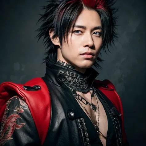 1 japanese rocker, male, asian eyes, muscular, broad shoulders, dragon, hairstyle in visual kei style, hair visual kei, outfit r...