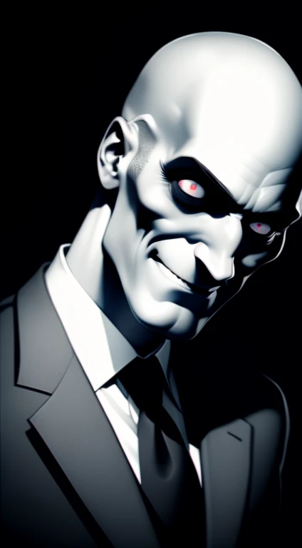 Creepy guy, bald, wearing suit, detailed, Noir et blanc, monochrome, looking at viewer, evil grin, pale skin