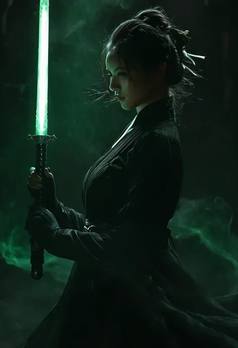 dark atmosphere，black/white maid uniform ，dark background，female swordsman in the dark，glowing jade sword，lightsaber，invisible face，Sword in both hands，night，dark，fear，sword focus，realistic，skin texture，xianxia