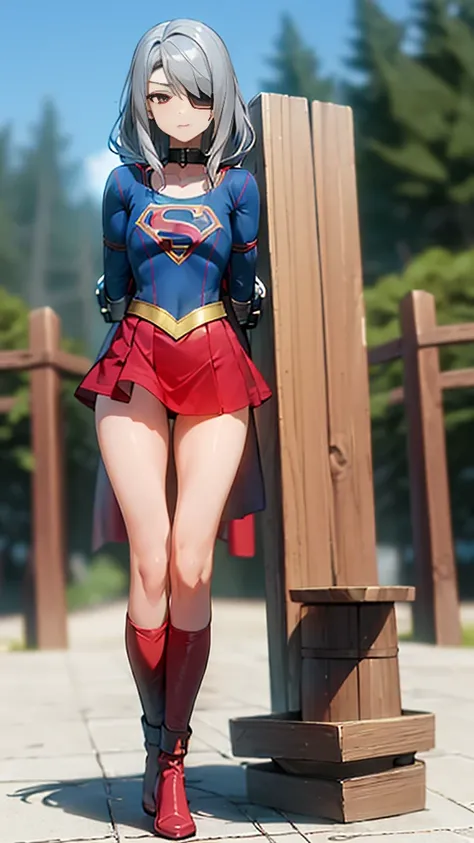 (whole body), (masterpiece:1.2), (Highest_quality:1.2), (Ultra_detailed:1.3), 8k,Low Angle，From below，Big ass girl, Mid-chest, barefoot，Red long boots，3D Rendering,( Supergirl)，Laura Bodewig, Long Hair, (Red eyes:1.3), Grey Hair, Eye patch,Red Skirt，The sk...