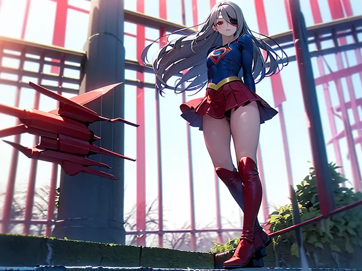 (full body), (masterpiece:1.2), (Highest_quality:1.2), (Ultra_detailed:1.3), 8k,Low - Angle，From below，(Squat，arms behind back)，Big Butt Girl, Medium chest, Bare legs，Long boots in red，3D Rendering,( Supergirl)，laura bodewig, long hair, (red eyes:1.3), gre...