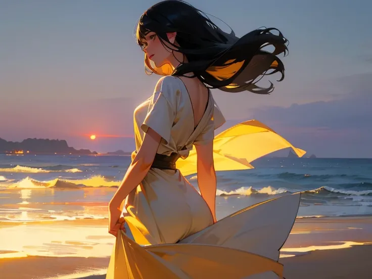 a woman gazing at the sea, long black hair, flowing dress, rear view, beautiful detailed eyes, beautiful detailed lips, extremely detailed eyes and face, longeyelashes, serene, peaceful, tranquil, calm ocean, crashing waves, horizon, sunset, golden hour, d...