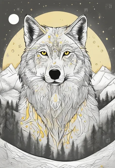 Realistic wolf in front of a full moon. The wolf has yellow eyes and golden fur.. The painting is full of stars and faint lights，The wolf had a calm expression.