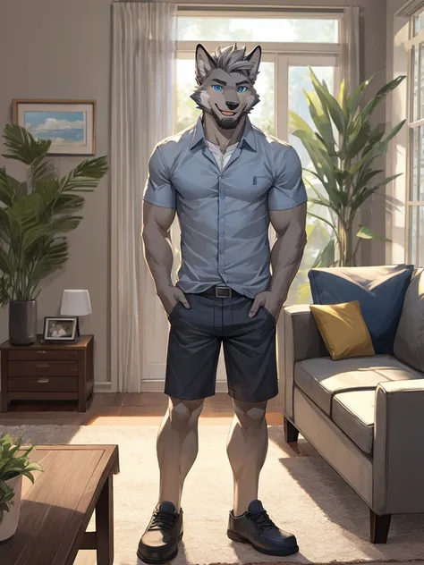 Masterpiece, Solo, Furry Gray Wolf, Blue eyes, Medium Gray Hair, Medium Grey Facial Hair, handsome, Toned body, Casual Shirt, Short Pants, Front View, Happy Expression, Living room.