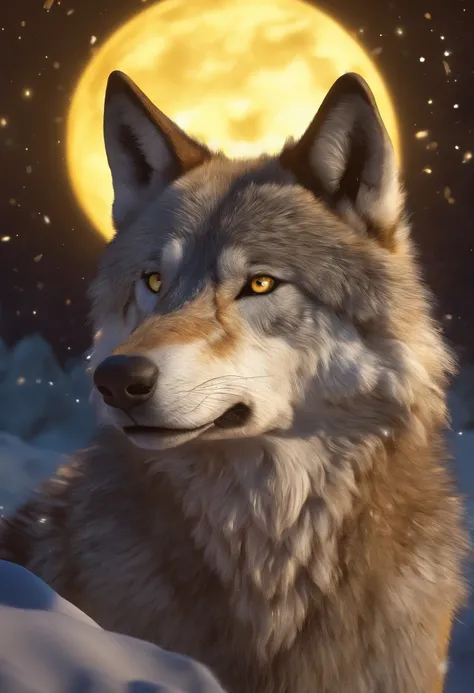 Realistic wolf in front of a full moon. The wolf has yellow eyes and golden fur.. The painting is full of stars and faint lights，The wolf had a calm expression.