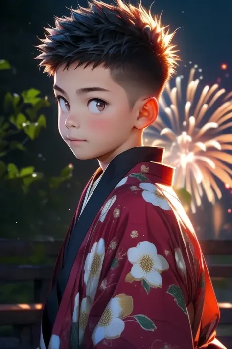 fireworks, boy, walking, 18 years old, wearing a japanese kimono, short spiked hair, crew cut hair, cute, young, asian,