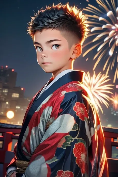 firework, boy, 18 years old, wearing a japanese kimono, short spiked hair, crew cut hair, cute, young, asian,