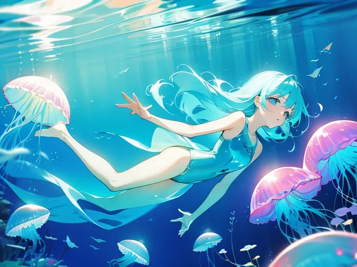 In the sea、Girl swimming with jellyfish。The overall color is light blue。