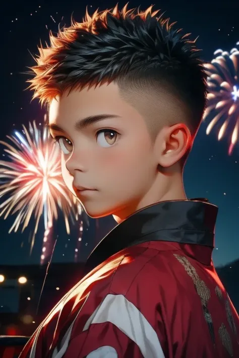 firework, boy, 18 years old, wearing a japanese traditional style, short spiked hair, crew cut hair, cute, young, asian,