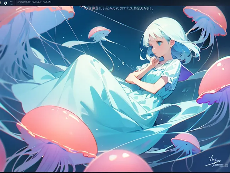 A girl floating in the sea among jellyfish. Soft and gentle. The overall color is light blue.
lowres, bad anatomy, bad hands, text, error, missing fingers, extra digit, fewer digits, cropped, worst quality, low quality, normal quality, jpeg artifacts, sign...