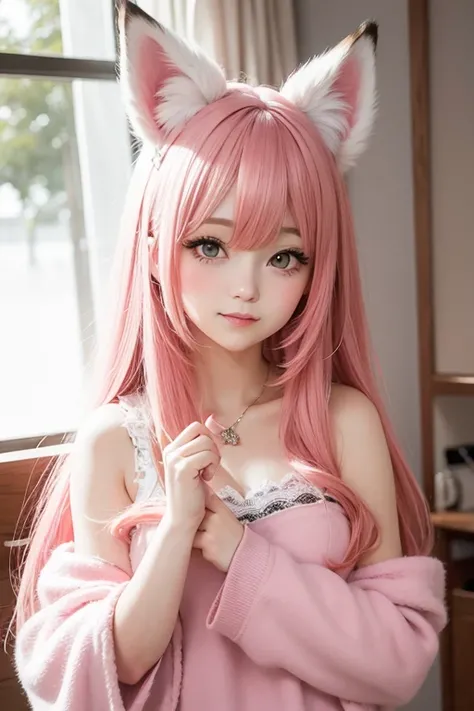 fox year pink hair girl，Fluffy fox ears，Fox&#39;s Tail，No ears，reddish tones，Starry sky background，Even just the fox ears are cute，Fox Eyes，Charm，16K， highest quality， masterpiece， Highly detailed face and eyes， Professional Makeup，Blue eyes glow，Pink-hair...