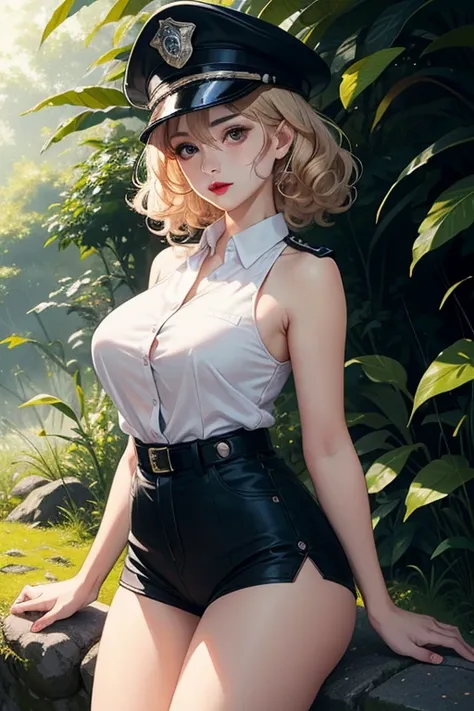 1 female，35 years old，Slim，Very large ，Big breasts and thin waist，Long legs， solitary，（background：，Cherry Blossom Forest，Rainforest）Standing in the forest， She has short blonde hair，Front view， curls，Cloudy sky，（（（masterpiece），（Highly detailed CG Unity 8k ...