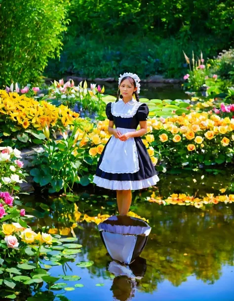 in the garden, a girl in a maid costume standing by the pond. she stared at the water, be mesmerized by the colorful reflections...