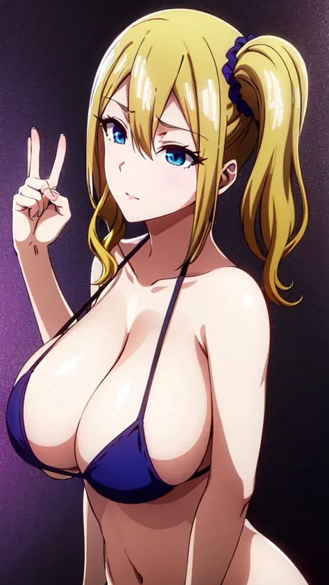 ai hayasaka, bangs, blue eyes, blonde hair, hair ornament, hair between eyes, sidelocks, side ponytail, scrunchie, hair scrunchie, blue scrunchie, (masterpiece:1.2, Best Quality:1.1), 32K HDR, High resolution, Solo, 1girl in, (Colossal tits:1.1, Huge boobs...