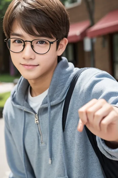 A brown-haired, round-glasses, baby-faced male college student