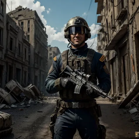 13:12:30 
(masterpiece:1.4), (highest quality, 8k, Super detailed, Realistic), Incredible detail, Very detailed explanation, Soldier with a gun,Smile and hold out your hand,In the ruined city,(The helmet has black goggles to protect the eyes.), Huge black ...