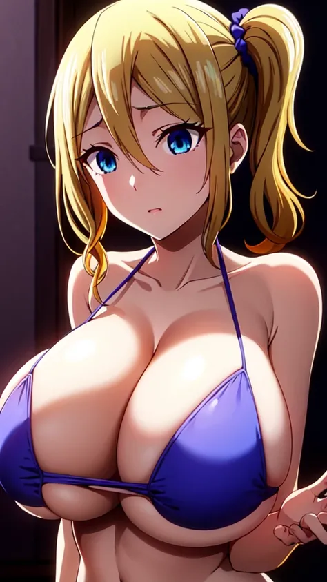 ai hayasaka, bangs, blue eyes, blonde hair, hair ornament, hair between eyes, sidelocks, side ponytail, scrunchie, hair scrunchie, blue scrunchie, (masterpiece:1.2, Best Quality:1.1), 32K HDR, High resolution, Solo, 1girl in, (Colossal tits:1.1, Huge boobs...