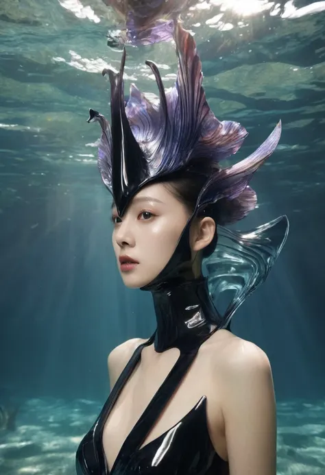 Aisian beautiful girl from underwater, in weird maid outfit，iris van Herpen, sleek, fins, gills, darkness, iridescent, full length view，Xill