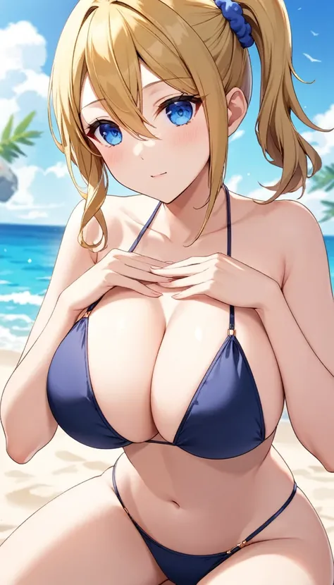 ai hayasaka, bangs, blue eyes, blonde hair, hair ornament, hair between eyes, sidelocks, side ponytail, scrunchie, hair scrunchie, blue scrunchie, (masterpiece:1.2, Best Quality:1.1), 32K HDR, High resolution, Solo, 1girl in, (big breasts:1.1, cleavage:1.1...