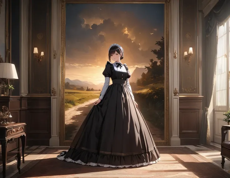 female\(victorian maid,black long dress,full body,(long shot),wide shot\), break ,background\(inside,victorian style room,glorio...