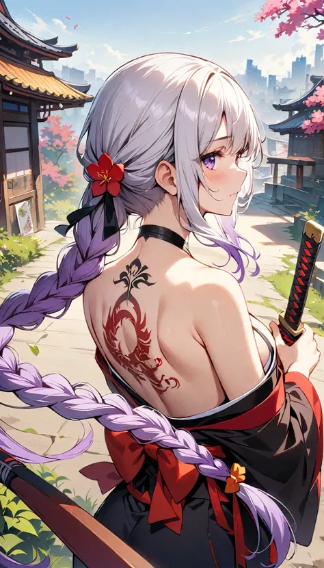 masterpiece, Top quality, best quality, Official Art, beautiful and aesthetic:1.2),1 Girl, yinji, purple hair, purple eyes, long hair, white hair, double braids, gradient hair, Tattoo, Solitary, Japanese clothes, Red and black kimono, Hair accessories, uns...