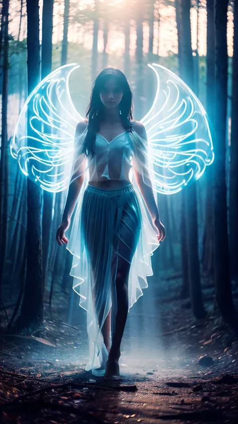 a girl, solo, glowing eyes, pretty face, angel wings, fairy skirt, veil, full body photo, looking at the viewer, cyan blue style...