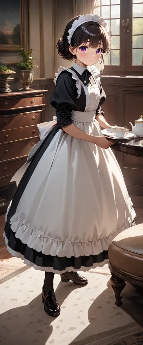 female\(cute,small kid,age of 10,cosmic hair,cosmic eyes,victorian maid,black long dress,full body,slip,throw holding teaset awa...