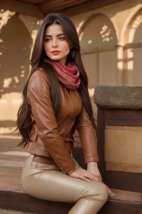 A portrait of an Armenian woman with warm, kind eyes and flowing, sunlit brown hair, showcasing her natural beauty complemented by soft makeup and red lipstick, adorned in a hazelnut tan leather jacket, fitted skinny trousers, leaning on riding boots, a pi...