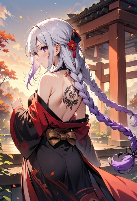 masterpiece, Top quality, best quality, Official Art, beautiful and aesthetic:1.2),1 Girl, yinji, purple hair, purple eyes, long hair, white hair, double braids, gradient hair, Tattoo, Solitary, Japanese clothes, Red and black kimono, Hair accessories, bac...