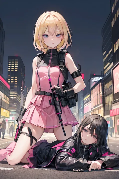  City of night, City in Ruins, Street, Multiple adult male corpses lying on the ground, Stand in the middle of the road２People Girl, Sisters lined up, 14-year-old girl(Accurate anatomy, Facing forward, Black Hair, Dark Eyes, Combat Uniform(Black bodysuit, ...