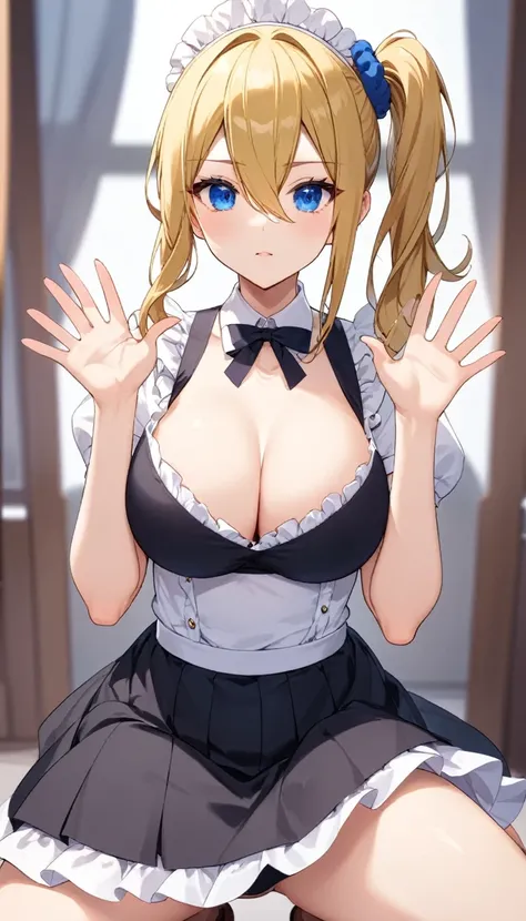 ai hayasaka, bangs, blue eyes, blonde hair, hair ornament, hair between eyes, sidelocks, side ponytail, scrunchie, hair scrunchie, blue scrunchie, (masterpiece:1.2, Best Quality:1.1), 32K HDR, High resolution, Solo, 1girl in, (big breasts:1.1, cleavage:1.1...