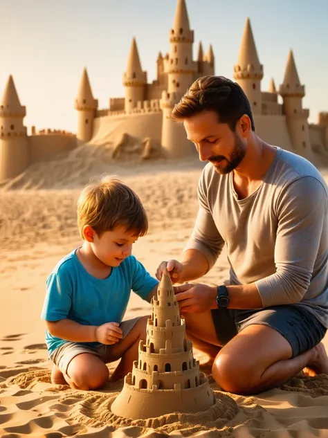 real photography, hd photos, beach, young father and son, parent-child activities, sand castle, majestic sand castle, sunrise, w...