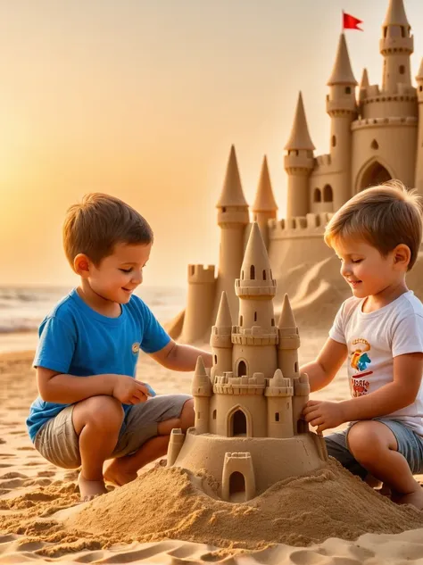 real photography, hd photos, beach, young father and son, parent-child activities, sand castle, majestic sand castle, sunrise, w...