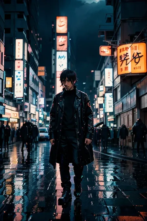 anime man standing in the rain in a city at night, tokyo anime scene, neo tokyo background, inspired by Liam Wong, futuristic cyberpunk tokyo night, makoto shinkai cyril rolando, digital cyberpunk anime art, in neo tokyo, tokyo futuristic and clean, digita...