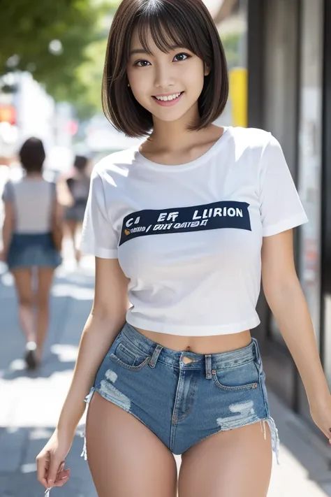 Browsing Caution,highest quality,Ultra-high resolution,Japanese Girls,Beautiful Face,double eyelid,Bob Hair,smile,teeth,Logo T-shirt,Denim mini skirt,Inner thighs,White skin,Thighs,sit,Nipples are prominent,See-through panties,street