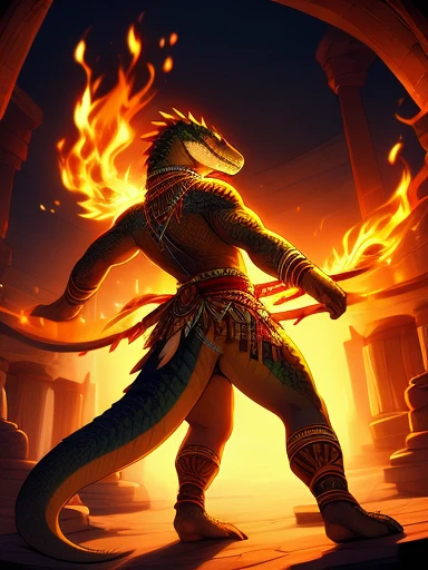 lizardman, twirling fire sticks, dancing, tribal clothes, view from behind, low posture