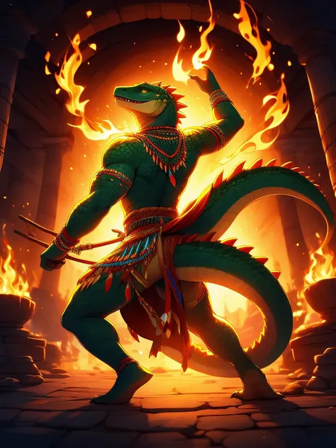 lizardman, twirling fire sticks, dancing, tribal clothes, view from behind, bending very far forward