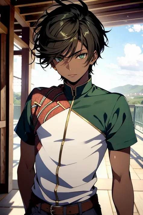 ((best quality)), (detailed), african male, green eyes, twink, cute clothes on, hair down