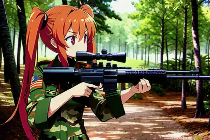 Absurd, High resolution, highest quality, 50caliber, Have a weapon, sniper rifle, Dense forest, Camouflage, uniform, Twin tails, it&#39;s raining, leaf, (Firing:1.3),Blonde